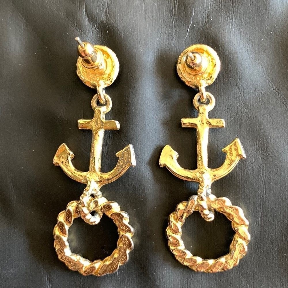 Vintage Costal Nautical Anchor Navy‎ Blue Sail Boat Gold Tone Earrings - Picture 2 of 5
